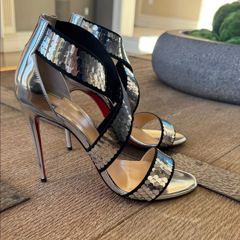 Christian Louboutin xili silver sequin elastic stiletto 100mm sandal sz 39